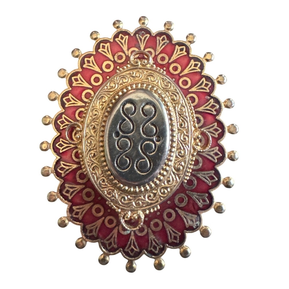 Vintage Eastern Indian Moroccan Style Red Enamel Gold Tone Brooch Pendant 2in